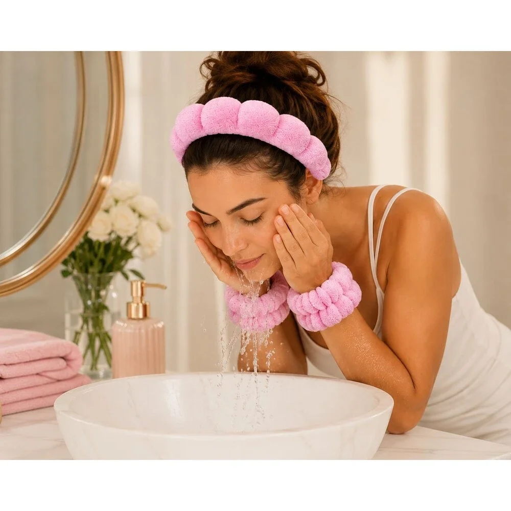 Pink Puffy Spa Headband & Wrist Wash Band Set Terry Cloth Skincare Makeup NEW